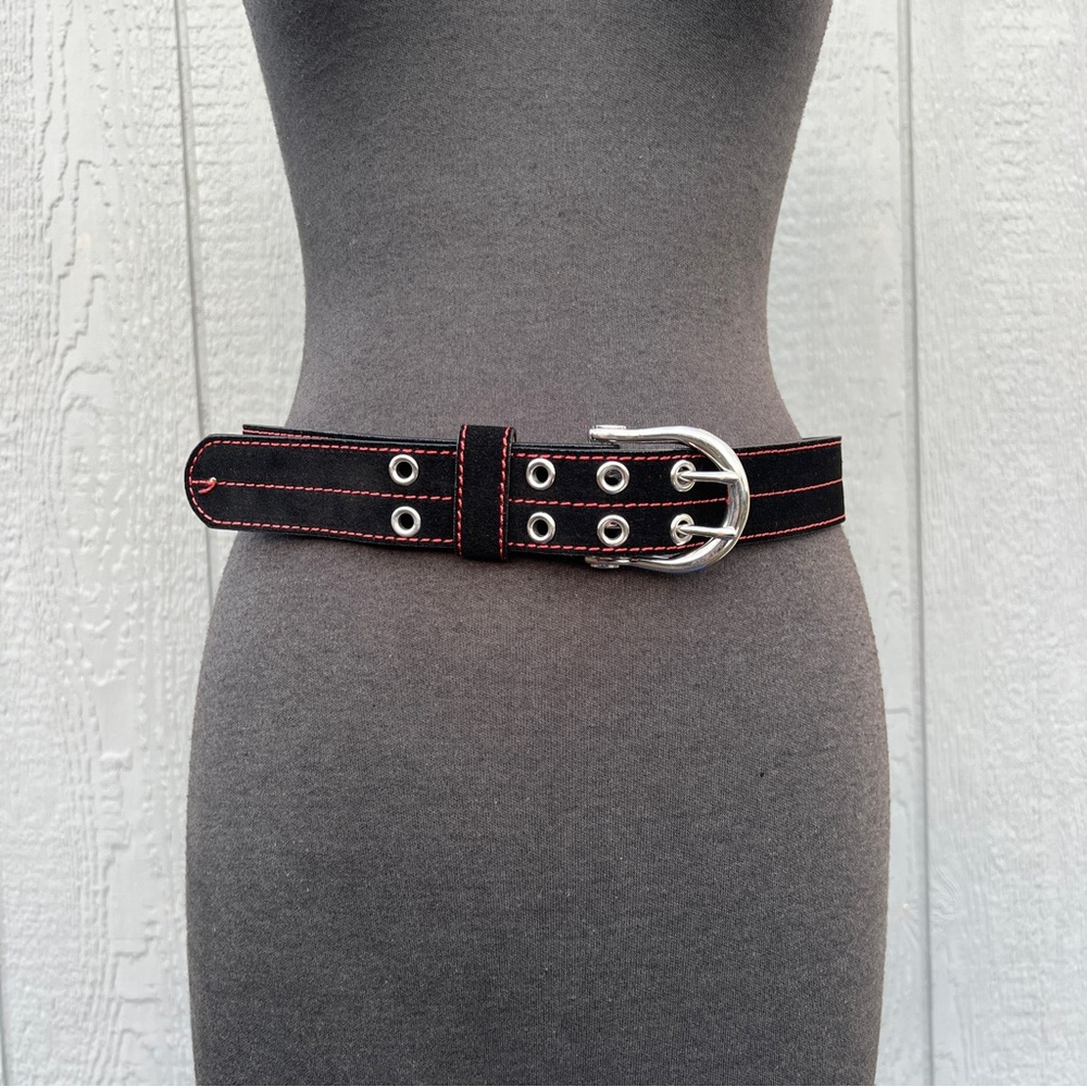 Urban Outfitters Black and Red Suede Leather Punk Rock Belt with Grommets, M